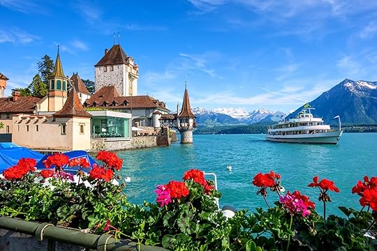 Oberhofen castle on Lake Thun in the Alps mountains, Canton Bern, Switzerland