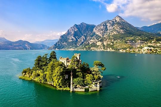 Aerial view of Loreto Island with the castle on Lake Iseo in Northern Italy one of the best lakes in Europe