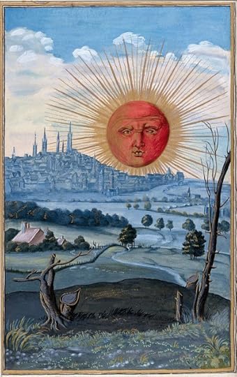 A red-faced sun rises above a city; stunted trees stand in the foreground; representing either the culmination of the alchemical Great Work or the star of hope that inspires the alchemist through his tribulation; from Salomon Trismosin's 'Splendor solis'. Watercolour painting. - Wellcome Collection, United Kingdom - CC BY. https://www.europeana.eu/item/9200579/ckhm2bn7