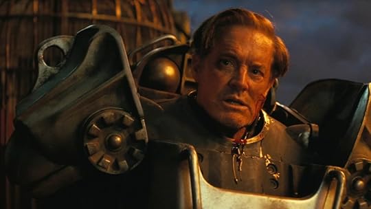 Hank inside Brotherhood power armor with a wound on his face on Fallout