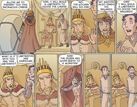 man keeps trying to solve every problem by building a labyrinth, smiles widely as it's announced the queen gave birth to a monster