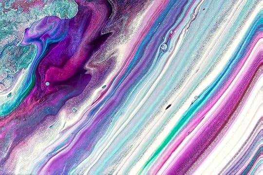 Abstract paint lines in shades of blue, purple and white, diagonally across the canvas