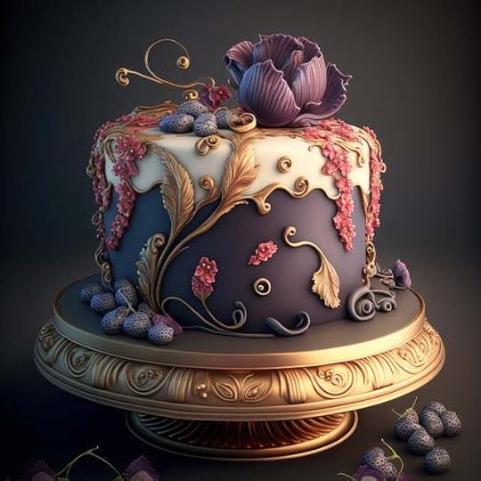 chocolate cake with brown, white, red, and gold floral fondant on antique gold cakestand