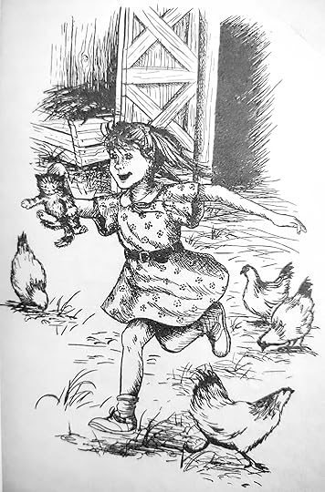 young girl happily clutches kitten by the scruff of the neck and runs past the barn through some chickens, to the kitten's distress