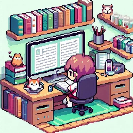 pixel art of a person sitting in front of a computer with a word document open on the screen