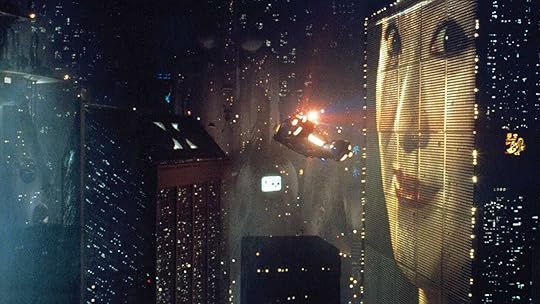 A flying car against a city skyline in