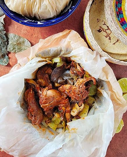A portion of mixiotes made with squirrel, bundle opened up.