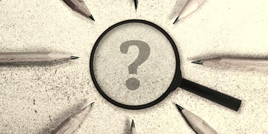 pencil pointing to a magnifying glass centered over a question mark, to represent curiosity and writing.