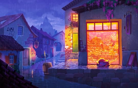 A digital illustration from my book "The Bakery Dragon." A small, dark-red dragon is curled up in front of a bakery window in the rain. On the left we see an old fashioned European town in the purple foggy dusk. On the right we see the dragon, bathed in golden light, curled up on the wet and reflective stone path outside a small bakery. Inside the golden bakery window we see rows and rows of perfect golden bread loaves. The bakery is called "Bea's Bakery" in a purple cursive sign.