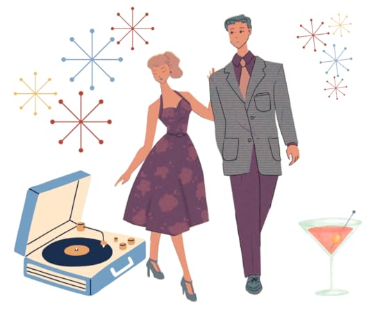 Couple from the 1950s or early 1960s along with record player and martini
