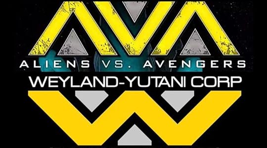 The Aliens Vs. Avengers logo and the Weyland-Yutanic corporation logo from Aliens.