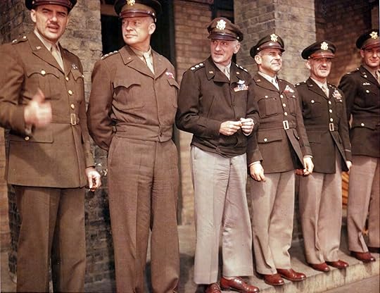 Brig. Gen. Jesse Auton, Gen. Dwight Eisenhower, Lt. Gen. Carl Spaatz (commander US Strategic Air Forces in Europe), Maj. Gen. James Doolittle (commander US Eighth Air Force), Maj. Gen. William Kepner (commander US VIII Fighter Command), Col. Donald Blakeslee, at presentation of Distinguished Service Cross to Blakeslee, Debden Airfield, England, 11 April 1944 (US National Archives)