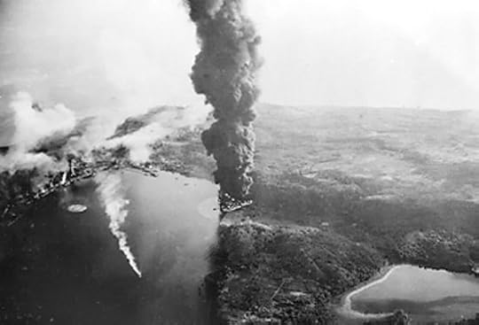 Japanese ships and harbor facilities after being Allied carrier strike on Sabang, Sumatra, 19 Apr 1944 (Imperial War Museum: 4700-01 A 23249)