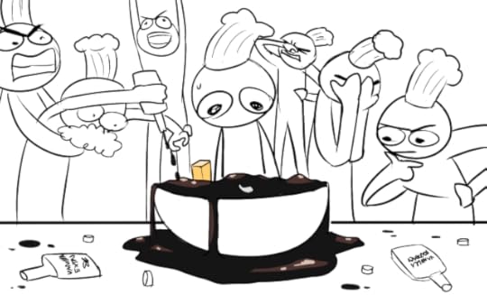 A bunch of nondescript characters with big eyes are standing behind a counter in chef's hats. In front of them is a giant mixing bowl full of dark mush. There's a stick of butter floating in it. The mixture is pouring over the side. There are two empty bottles of vanilla extract lying on the counter, and splatters of it all over. The person right in front of the bowl looks perturbed. On the left, one of them is holding a bottle of vanilla, frothing at the mouth, being held back by someone else. On the right, one person is closely examining the bowl, thoughtful. Behind them, someone has their head in their hands. Someone in the background is pinching the bridge of their nose. Another person has their hands in the air, yelling in glee. 