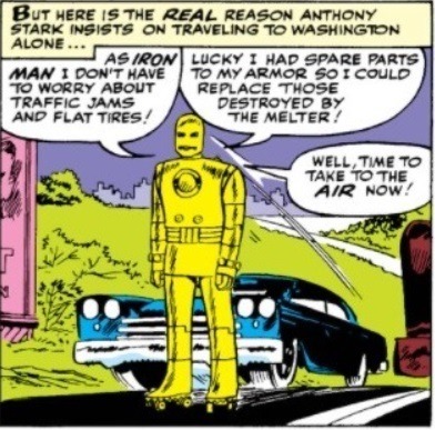 Iron Man, in the early gold suit, roller skates casually down the highway in front of a blue car. He remarks about how he doesn't have to worry about "traffic jams and flat tires" and announces he's going to start flying now.