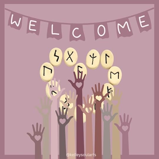 Inclusive Runes photo of different colored hands reaching toward runes cast in a heart shape, with a banner reading