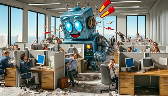 A funny image of a robot or AI taking over an office full of human workers.