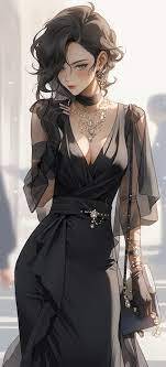Premium Photo | Anime style woman in black dress walking down a street with a purse generative ai