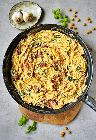 creamy hummus pasta in skillet