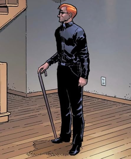 A section of a panel from Daredevil volume 8 showing Matt Murdock standing in a room with a wood floor near some stairs. He is wearing dark glasses, a black button-up shirt, black pants, and black shoes, and is holding a brown cane with a curved handle.