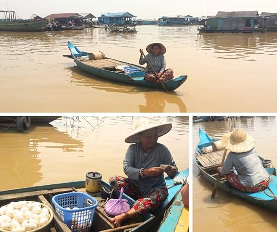 I saw a woman in a canoe with a large basket of white crocodile eggs.
