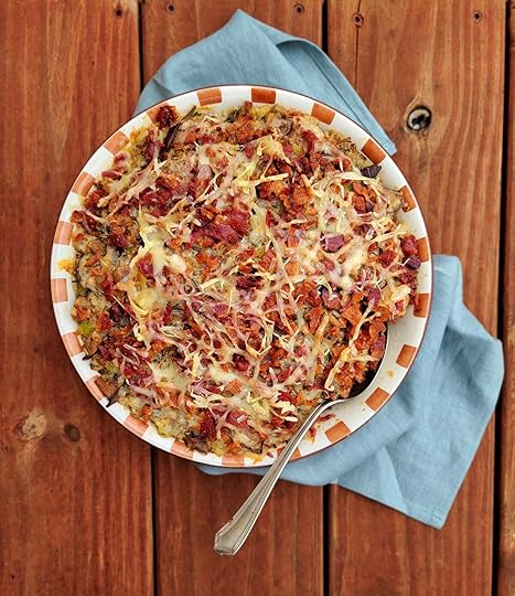 A casserole dish of wild rice hotdish.
