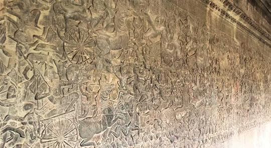 The temple’s stone hallways at Angkor Wat are decorated with the longest continuous bas-relief sculptures and carvings in the world from Hindu mythology.