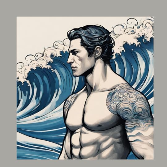 A dark-haired man standing in prfile on the background of blue waves with a muscled chest and a blue tattoo on his right arm