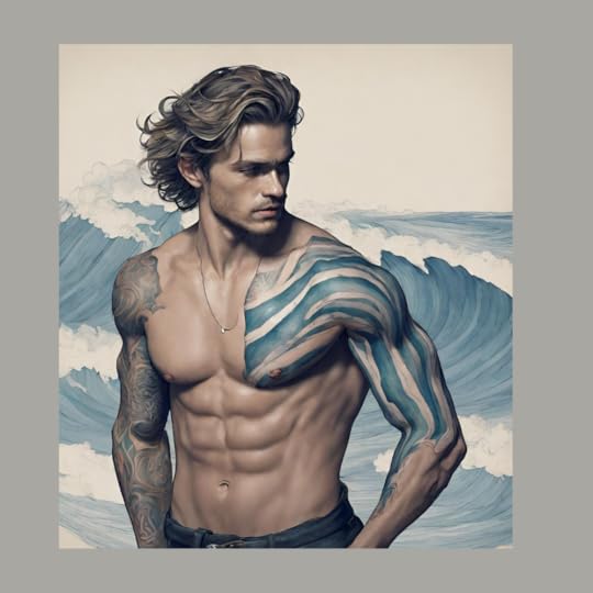 A tanned bare-chasted man with wavy hair and a blue tattoo over his right arm