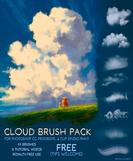 Cloud Brush Pack for Photoshop CC, Procreate, and Clip Studio Paint! [Image is of two small cows on a grass field in front of a cloudy sky]53 brushes, 2 tutorial videos, royalty free use. Free, tips welcome! By Devin Elle Kurtz