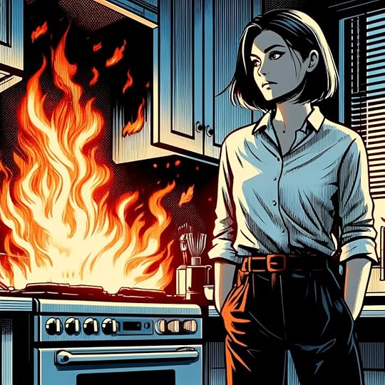 woman standing at a stove on fire, conflict