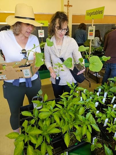 Shoppers comparing plants at a plant sale