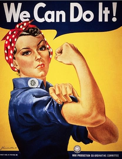 an iconic World War II-era poster featuring Rosie the Riveter. The image shows a strong female figure with her hair wrapped in a red and white polka-dot bandana. She is flexing her right bicep, which underscores her physical strength and determination. She wears a blue work shirt with a rolled-up sleeve and a collar button featuring an emblem. The background is a vibrant yellow, and atop the image, bold blue letters read 