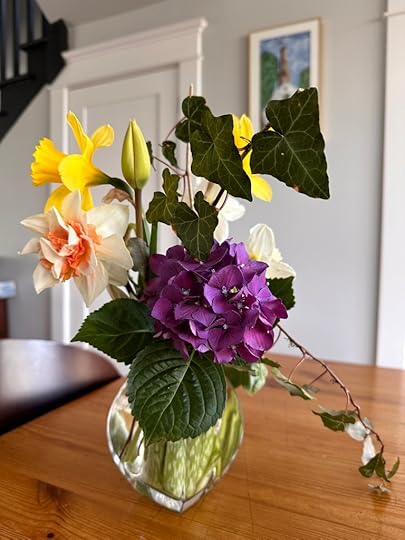 Daffodils, tulips, hydrangea, ivy