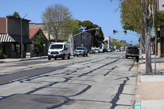 Road work continues on Lighthouse Avenue and several other streets in Monterey, slated to continue through May. The city posted a schedule online with a slurry seal scheduled for next week. (Photo by Kyarra Harris/Monterey Herald)