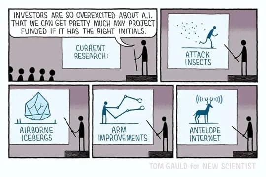 A figure stands before a large screen bearing the words 'Current Research' and says "Investors are so overexcited about AI that we can get pretty much any project funded if it has the right initials. The image on the screen changes to research display projects in turn: Attack Insects, Airborne Icebergs, Arm Improvements, Antelope Internet…