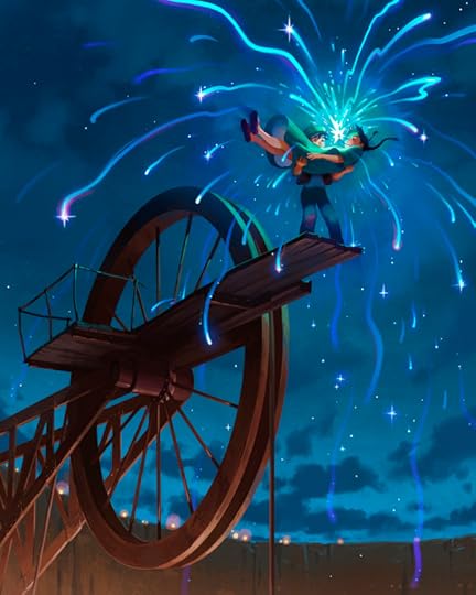 In this digitally painted fanart illustration of "Castle in the Sky" we see the scene where Sheeta floats down from the sky and Pazu catches her. Pazu is standing on a plank up above the mine and Sheeta floats in his arms, with her necklace sparkling wildly. Magical blue sparkles shoot off in every direction. 