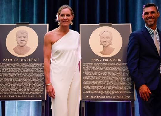 Bay Area Sports Hall of Fame inductee Jenny Thompson poses for a photograph with her plaque at the Hyatt Regency in San Francisco, Calif., on Monday, May 6, 2024. (Nhat V. Meyer/Bay Area News Group)