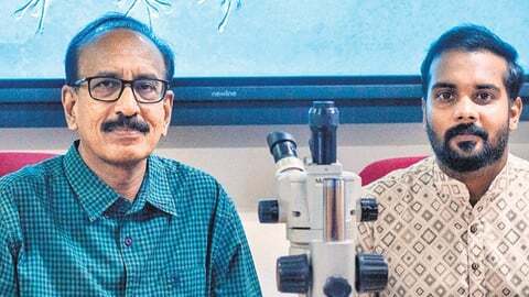 Senior Prof Dr S Bijoy Nandan, Department of Marine Biology (left), and Vishnudattan N K, research scholar 