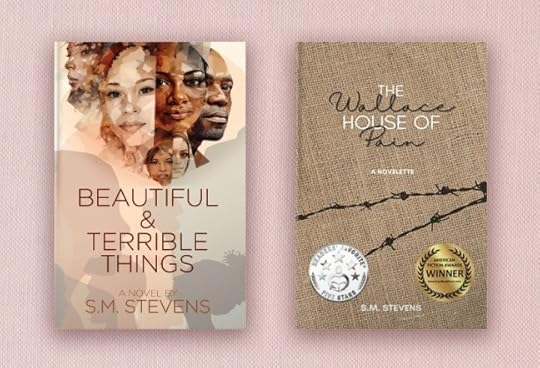 covers of The Wallace House of Pain, and Beautiful and Terrible Things, against a rose background