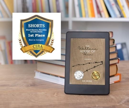 cover of The Wallace House of Pain on a tablet against a bookshelf with CIBA 1st Place badge
