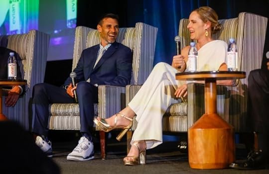 Jenny Thompson speaks next to Chris Wondolowski during a panel at the Bay Area Sports Hall of Fame ceremony at the Hyatt Regency in San Francisco, Calif., on Monday, May 6, 2024. (Nhat V. Meyer/Bay Area News Group)