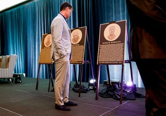 Bay Area Sports Hall of Fame inductee Patrick Marleau reads his plaque at the Hyatt Regency in San Francisco, Calif., on Monday, May 6, 2024. (Nhat V. Meyer/Bay Area News Group)