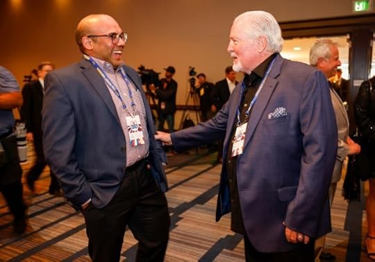 Brian Sabean, right, chats with Farhan Zaidi, San Francisco Giants president of baseball operations, before the start of the Bay Area Sports Hall of Fame Enshrinement Dinner at the Hyatt Regency in San Francisco, Calif., on Monday, May 6, 2024. (Nhat V. Meyer/Bay Area News Group)