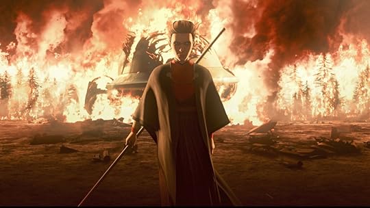 Morgan Elsbeth standing in front of a burning forest in Star Wars: Tales of the Empire