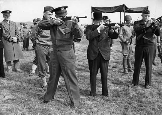 Maj. Gen. Edward Brooks (behind Eisenhower) demonstrating M1 Carbines to Gen. Dwight Eisenhower, Prime Minister Winston Churchill, and Gen. Omar Bradley, England, 15 May 1944 (US Army photo)