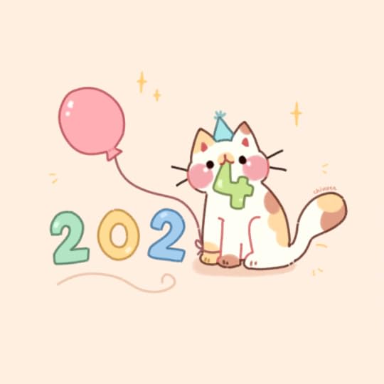 digital illustration of a calico cat next to the numbers 2, 0, and 2, and holding a 4 in her mouth. the numbers are in bubble writing and in different shades of blue, green, and yellow. the cat has a pink balloon tied to one of her front paws, and is wearing a little blue hat. she looks very cheeky, and it's impossible to tell if she's holding the 4 to be helpful, or whether she was just about to steal it. happy new year!