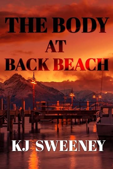 Cover for the body at back beach, release date 29th May 2024. Sea scene at night, with mountains in the back ground.