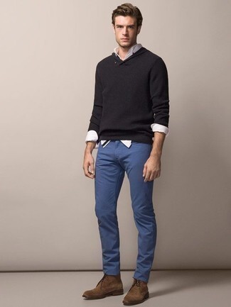 Men's Black Knit Hoodie, White Long Sleeve Shirt, Blue Jeans, Brown Suede Desert Boots | Lookastic