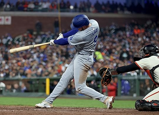 Los Angeles Dodgers’ Gavin Lux #9 hits a ground-rule double...